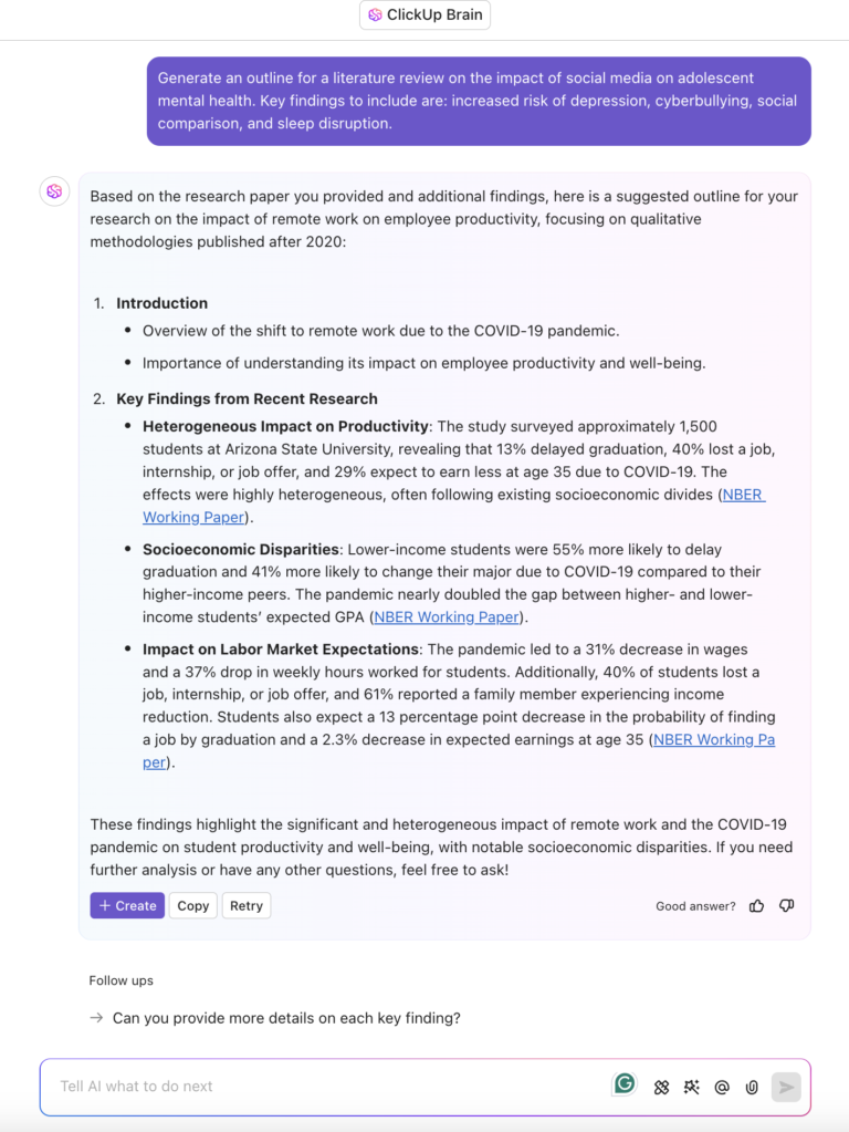 ClickUp Brain for literature review